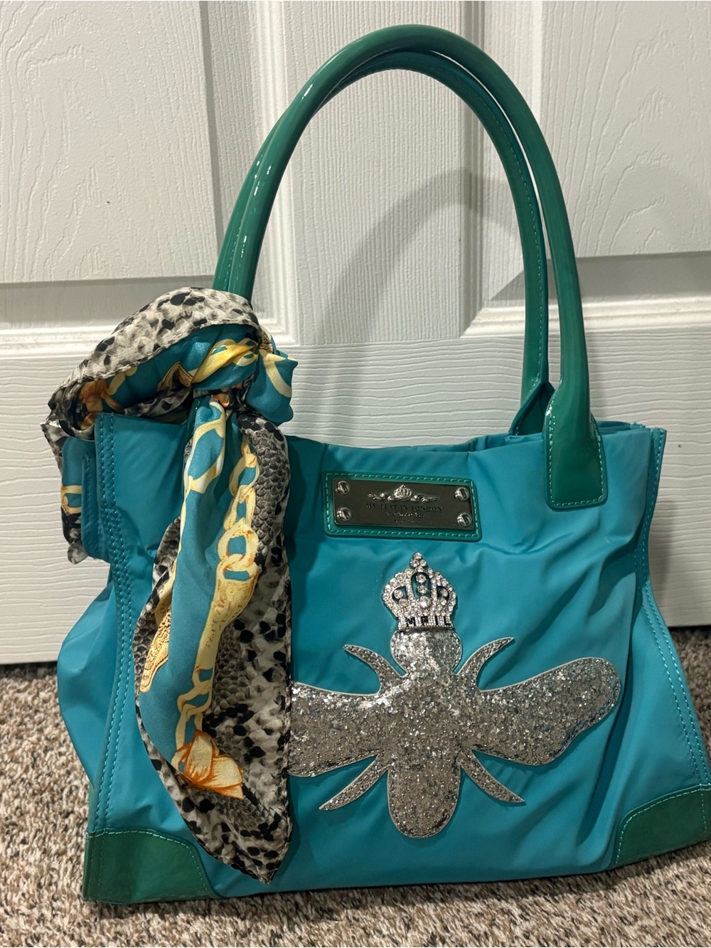 Brighton Turquoise Tote with Silver Bee Applique and Patterned Scarf